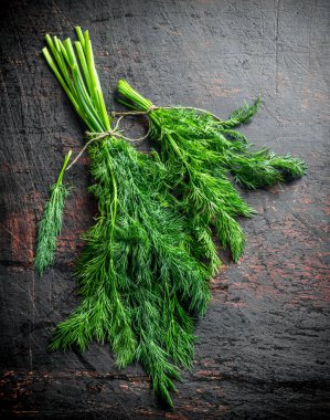 Sağlıklı yiyecekler. Taze dereotu. Koyu rustik arka plan üzerinde