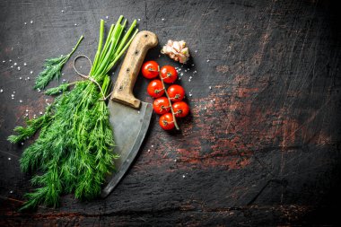 Bıçak, domates ve sarımsak karanfil ile taze dereotu. Koyu rustik arka plan üzerinde