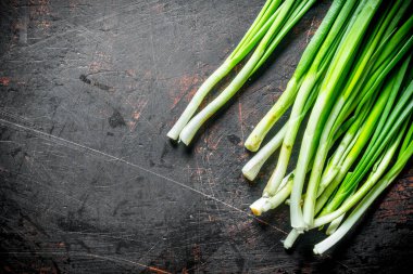 Taze yeşil soğan. Koyu rustik arka plan üzerinde