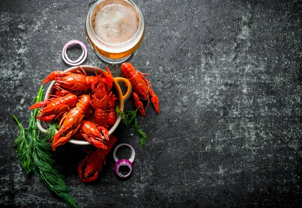 Fragrant Boiled Crayfish Bowl Beer Dill Onion Rings Dark Rustic — Stock Photo, Image