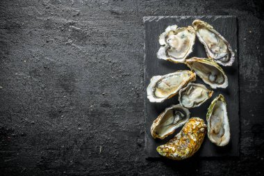 Taze istiridye bir taş tahta. Siyah rustik arka plan üzerinde