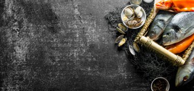 Istiridye ve baharatile çiğ taze balık. Koyu rustik arka plan üzerinde