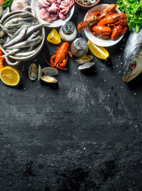 Taze sağlıklı deniz ürünleri. Siyah rustik arka plan üzerinde
