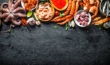 Farklı deniz ürünleri yelpazesi. Siyah rustik arka plan üzerinde