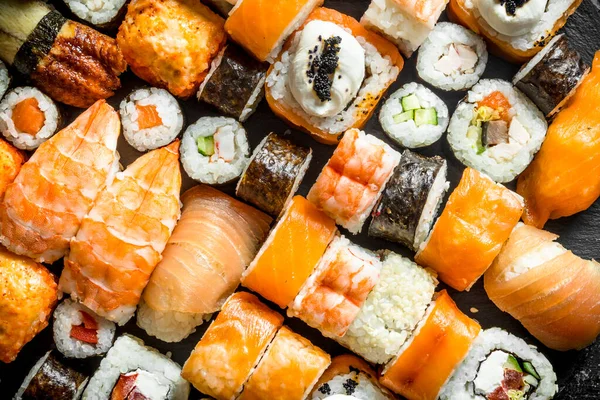 stock image Variety of sushi, Maki and rolls. Top view