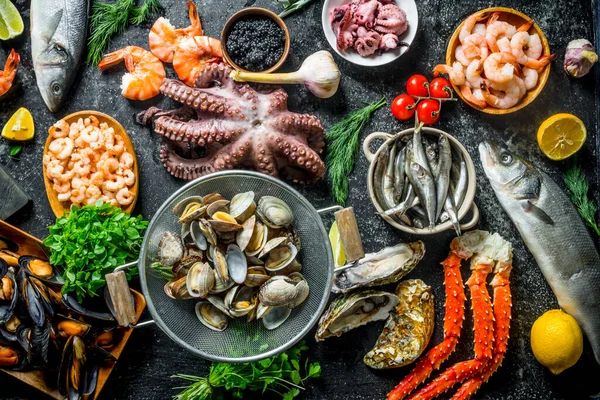Healthy Diet Food Variety Fresh Seafood Rustic Background — Stock Photo, Image