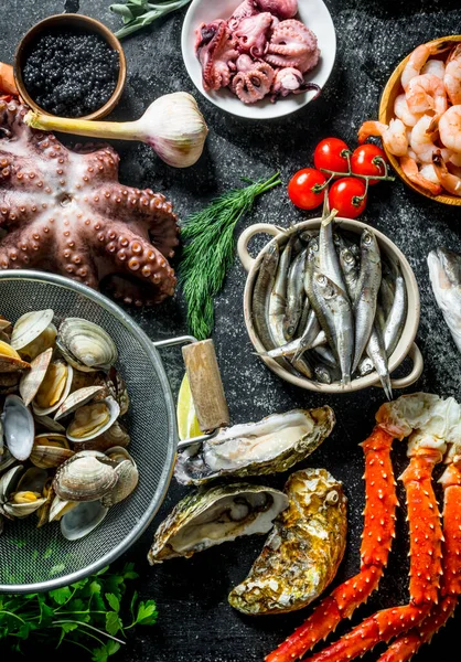 Variety Delicious Seafood Rustic Background — Stock Photo, Image