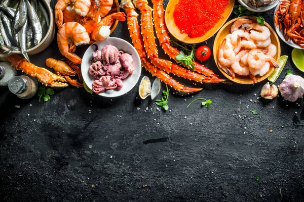 Range Different Seafood Black Rustic Background — Stock Photo, Image