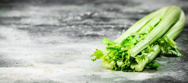Masanın üzerinde bir tutam taze kereviz. Gri bir arka planda. Yüksek kalite fotoğraf