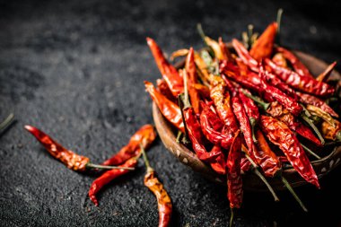 A full plate of dried chili peppers. On a black background. High quality photo clipart