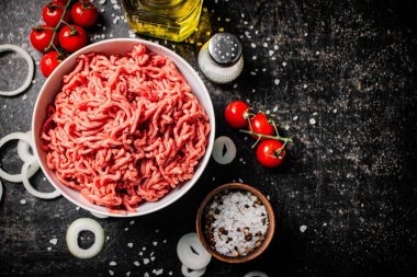 Soğan halkaları, domatesler ve baharatlarla bir kasede kıyma. Siyah bir arka planda. Yüksek kalite fotoğraf