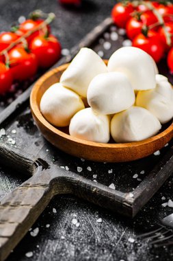 Çeri domatesli dilimleme tahtasındaki Mozzarella peyniri. Siyah bir arka planda. Yüksek kalite fotoğraf