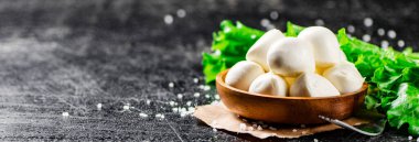 Ahşap bir tabakta marullu Mozzarella peyniri. Siyah bir arka planda. Yüksek kalite fotoğraf