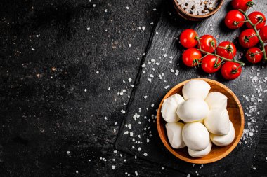 İçinde domates ve baharatlar olan bir tabakta Mozzarella peyniri. Siyah bir arka planda. Yüksek kalite fotoğraf