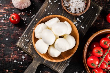 Kesme tahtasında baharat ve domatesli Mozzarella peyniri. Karanlık bir arka plana karşı. Yüksek kalite fotoğraf