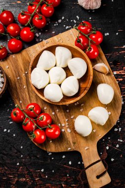 Kesme tahtasında baharat ve domatesli Mozzarella peyniri. Karanlık bir arka plana karşı. Yüksek kalite fotoğraf