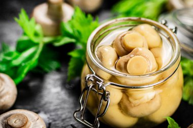 Cam bir kavanoz mantar turşusu açtım. Siyah bir arka planda. Yüksek kalite fotoğraf