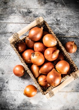 Masada bir kutu soğan var. Gri bir arka planda. Yüksek kalite fotoğraf