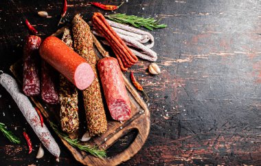 Biberiyeli dilimleme tahtasındaki farklı salam türleri. Karanlık bir arka plana karşı. Yüksek kalite fotoğraf