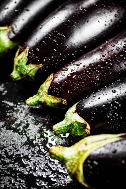 Ripe eggplant with droplets of water. On a black background. High quality photo