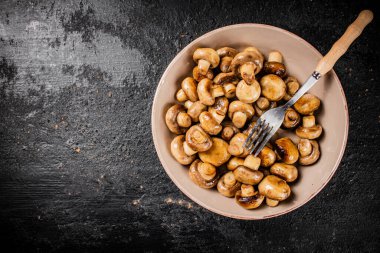 Delicious fried mushrooms in a bowl. On a black background. High quality photo