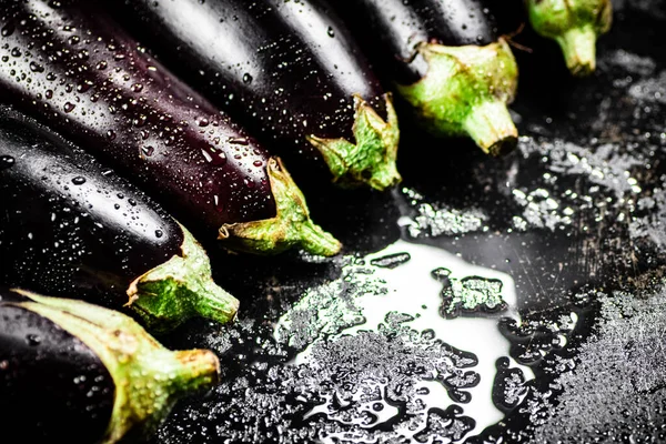 Ripe eggplant with droplets of water. On a black background. High quality photo