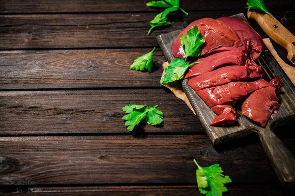 Fresh Raw Liver Cutting Board Parsley Knife Wooden Background High — Stok fotoğraf