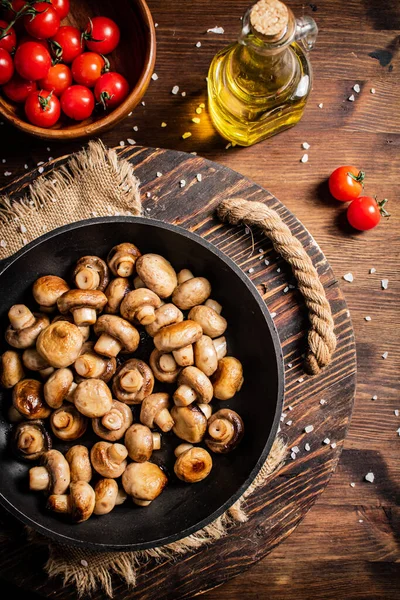 Frying Pan Fried Mushrooms Wooden Tray Wooden Background High Quality — Foto de Stock