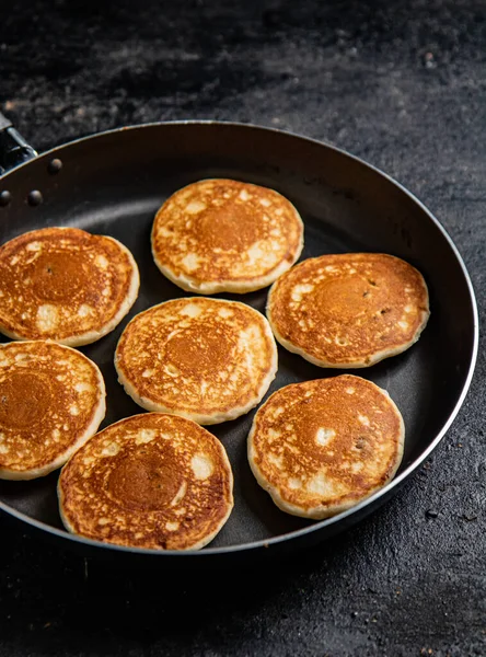 Homemade Pancakes Frying Pan Black Background High Quality Photo — Photo