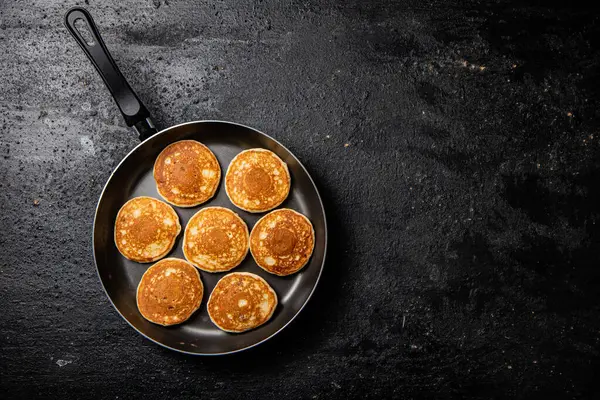 Homemade Pancakes Frying Pan Black Background High Quality Photo — Stok fotoğraf