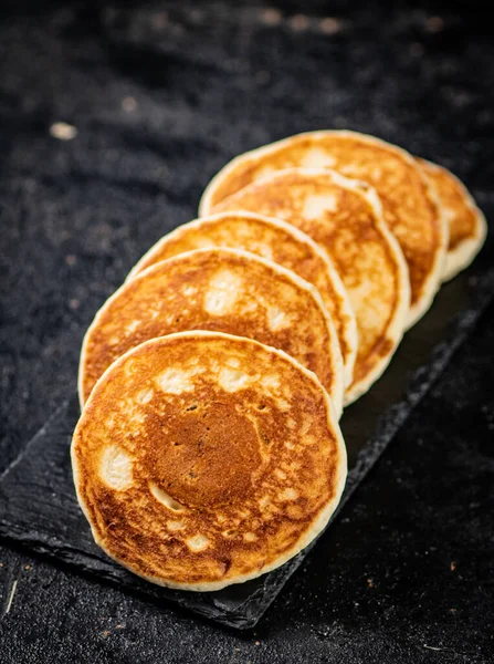 Ready Made Homemade Pancakes Stone Board Black Background High Quality —  Fotos de Stock