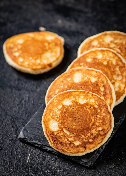 Ready Made Homemade Pancakes Stone Board Black Background High Quality —  Fotos de Stock