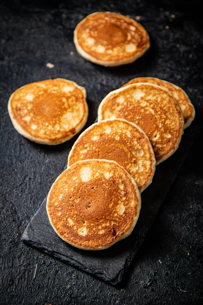 Ready Made Homemade Pancakes Stone Board Black Background High Quality — ストック写真
