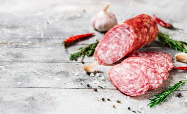 Pieces of salami sausage with spices, rosemary and chili peppers. On a gray background. High quality photo