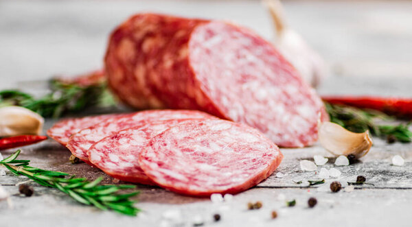 Pieces of salami sausage with spices, rosemary and chili peppers. On a gray background. High quality photo
