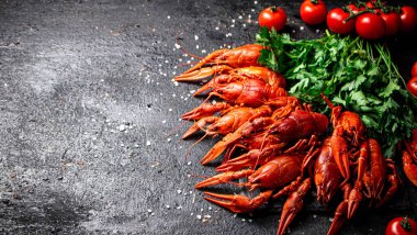 Domatesli ve maydanozlu haşlanmış kerevit. Siyah bir arka planda. Yüksek kalite fotoğraf