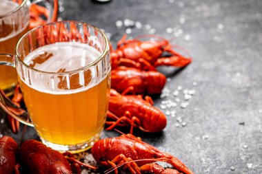 Bir bardak birayla haşlanmış kerevit. Siyah bir arka planda. Yüksek kalite fotoğraf