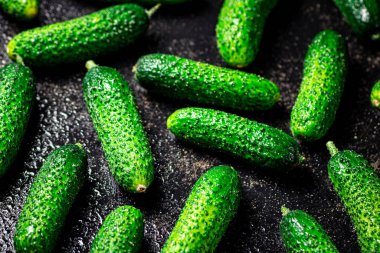 Masada olgun küçük salatalıklar var. Siyah bir arka planda. Yüksek kalite fotoğraf
