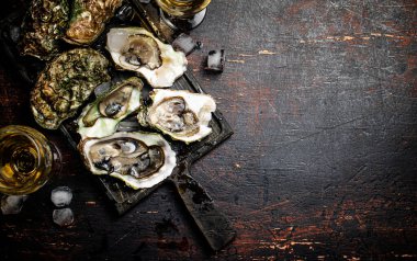 Kesme tahtasında buzlu çiğ istiridye. Kırsal bir arka planda. Yüksek kalite fotoğraf