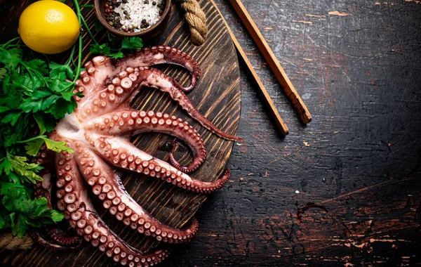 Fresh Octopus Wooden Tray Rustic Background High Quality Photo — стоковое фото