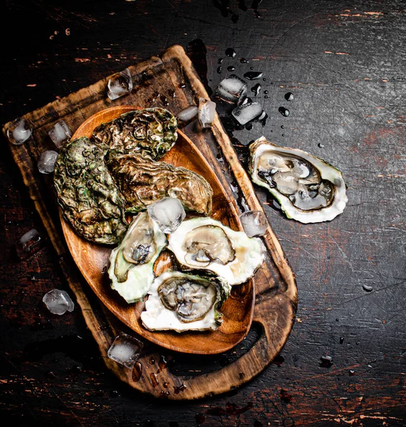 Fresh Oysters Ice Wooden Plate Dark Background High Quality Photo — стоковое фото
