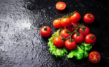 Marul yaprağının dalındaki olgun domatesler. Siyah bir arka planda. Yüksek kalite fotoğraf