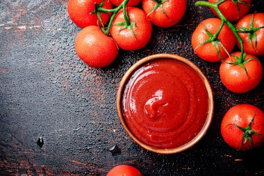 Taze domates dalıyla domates sosu. Karanlık bir arka plana karşı. Yüksek kalite fotoğraf