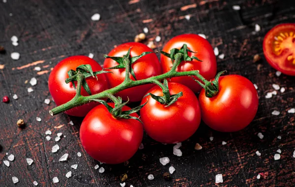 Taze domates ve tuz parçaları. Karanlık bir arka plana karşı. Yüksek kalite fotoğraf