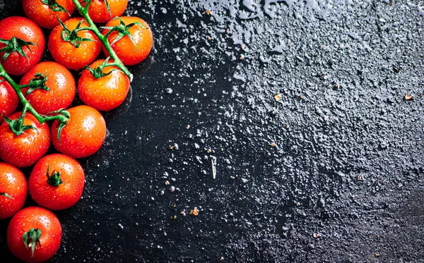 湿ったテーブルの上に熟したトマトの枝 黒を背景に 高品質の写真 — ストック写真