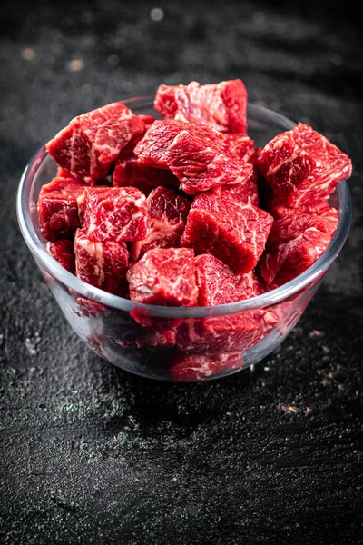 Raw Pieces Beef Glass Bowl Black Background High Quality Photo — Photo