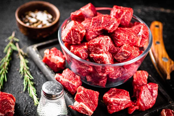 Raw Beef Tenderloin Glass Bowl Spices Black Background High Quality — 스톡 사진
