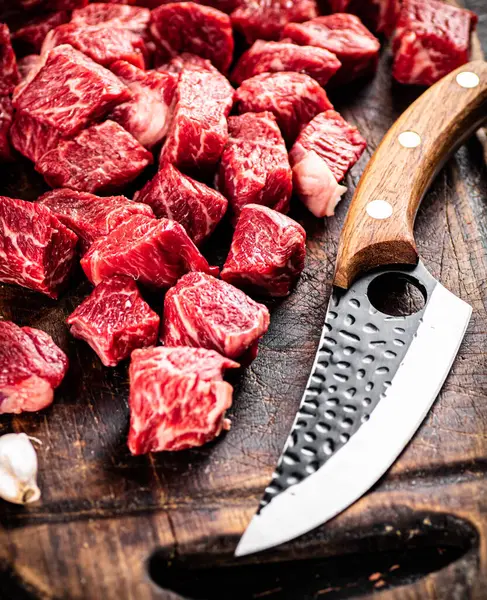 Cut Pieces Raw Beef Cutting Board Dark Background High Quality — Stockfoto