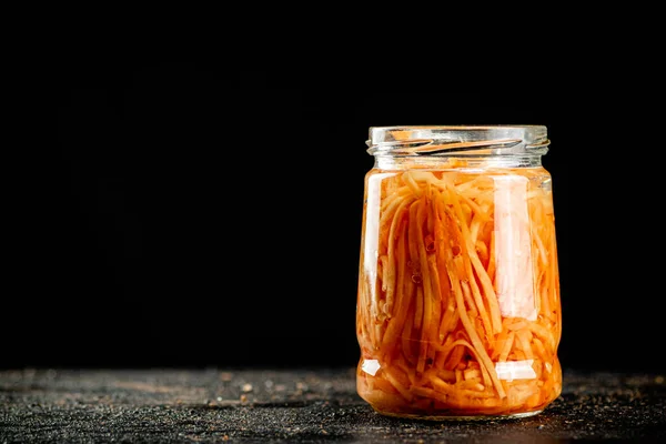 Glass Jar Canned Carrots Black Background High Quality Photo — 스톡 사진