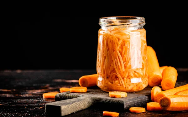 Canned Carrots Glass Jar Black Background High Quality Photo — Stok Foto